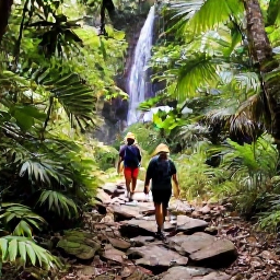 Caribbean Holidays, Trinidad Adventure, Hikers walking through the verdant Northern Range rainforest in Trinidad, with a waterfall and rocky trail nearby