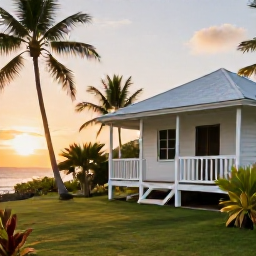 Caribbean Holidays, Trinidad Adventure Holidays, A comfortable Caribbean guesthouse near a beach in Trinidad and Tobago, surrounded by palms and tropical gardens at sunset