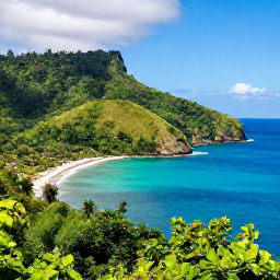 Caribbean Holidays, Trinidad Adventure Holidays, A dramatic coastal view of Trinidad with turquoise water, rainforest-covered hills and bright July sunshine