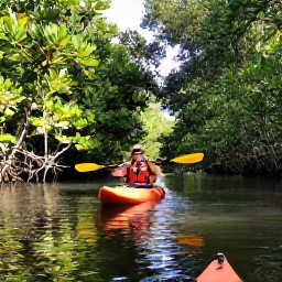 Caribbean Holidays, Trinidad Adventure Holidays, A kayaker gliding through calm mangrove waterways in Trinidad, surrounded by green foliage and bright tropical light