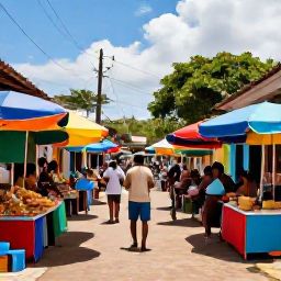 Caribbean Holidays, Trinidad Adventure Holidays, A lively Trinidad street scene with colourful market stalls, local food and musicians performing in July sunshine