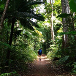 Caribbean Holidays, Trinidad Adventure Holidays, A lush rainforest trail in Trinidad with a hiker walking beneath tall tropical trees and filtered sunlight