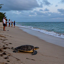 Caribbean Holidays, Trinidad Adventure Holidays, A sea turtle nesting on a sandy beach in Trinidad at dusk, with gentle waves and visitors watching quietly from a respectful distance