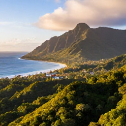 Caribbean Holidays, Trinidad Adventure Holidays, Aerial view of Trinidad's lush rainforest, dramatic mountains and tropical coastline in warm Caribbean light