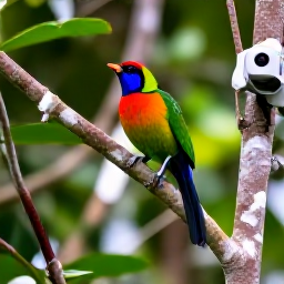 Caribbean Holidays, Trinidad Adventure Holidays, Colourful tropical birds and a birdwatcher in a Trinidad forest, with lush green vegetation