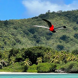Caribbean Holidays, Trinidad Adventure Holidays, Colourful tropical birds and a red-billed tropicbird flying above Tobago's forested hills and coastline