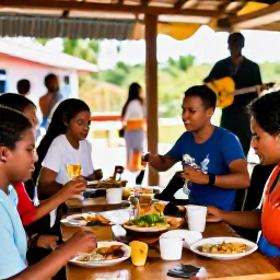Caribbean Holidays, Trinidad Adventure Holidays, Friendly travellers enjoying a local meal and live calypso music at an outdoor Trinidad gathering