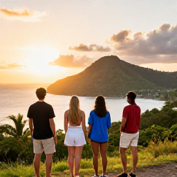 Caribbean Holidays, Trinidad Adventure Holidays, Friendly travellers enjoying a sunset viewpoint over Trinidad and Tobago, with tropical hills, sea and warm evening light