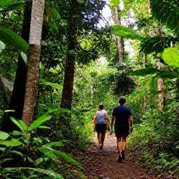 Caribbean Holidays, Trinidad Adventure Holidays, Hikers walking beneath tall rainforest trees on a shaded trail in Trinidad&rsquo;s Northern Range