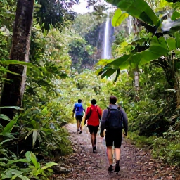 Caribbean Holidays, Trinidad Adventure Holidays, Hikers walking through dense Trinidad rainforest on a shaded trail towards a clear waterfall