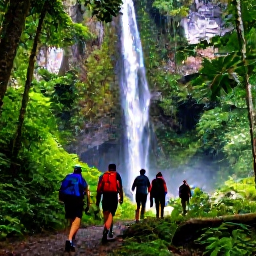 Caribbean Holidays, Trinidad Adventure Holidays, Hikers walking through tropical rainforest on Trinidad towards a waterfall, with vivid green foliage and filtered sunlight