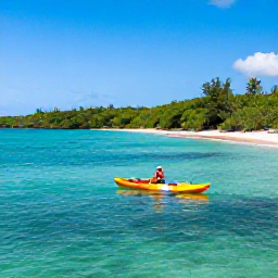 Caribbean Holidays, Trinidad Adventure Holidays, Kayaker on clear Caribbean water beside Tobago&rsquo;s green coastline, with a quiet sandy beach in the background