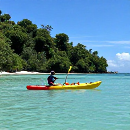 Caribbean Holidays, Trinidad Adventure Holidays, Kayaker paddling along a calm turquoise bay in Tobago, with a forested shore and small fishing boats in the distance