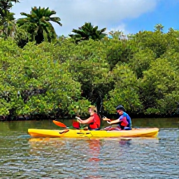 Caribbean Holidays, Trinidad Adventure Holidays, Kayakers paddling on calm tropical water beside mangroves and forested coastline in Trinidad and Tobago