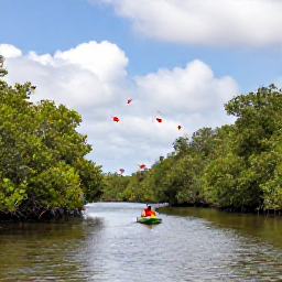 Caribbean Holidays, Trinidad Adventure Holidays, Kayakers paddling through calm mangrove channels in the Caroni Swamp with scarlet ibis in the distance