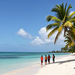 Caribbean Holidays, Trinidad Adventure Holidays, Relaxed tropical beach on Tobago with calm turquoise sea, palm trees and a small group of travellers after an adventure day