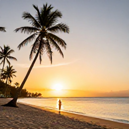 Caribbean Holidays, Trinidad Adventure Holidays, Traveller enjoying sunset on a quiet Caribbean beach in Tobago, with golden light, palm trees and calm sea