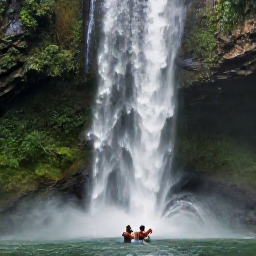 Caribbean Holidays, Trinidad Adventure Holidays, Travellers swimming beneath a dramatic waterfall surrounded by tropical greenery in Trinidad