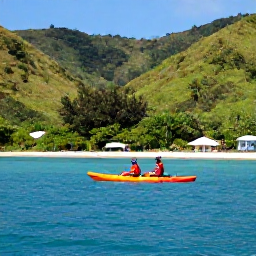 Caribbean Holidays, Trinidad Adventure, Kayakers and snorkellers enjoying calm turquoise water near Tobago&rsquo;s tropical coastline, with green hills in the background