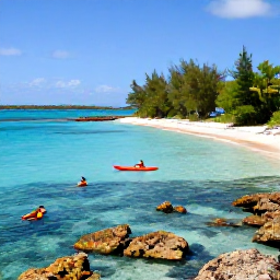 Caribbean Holidays, Trinidad Adventure, Kayakers and snorkellers exploring clear turquoise water beside a sandy beach and colourful coral reef in Tobago