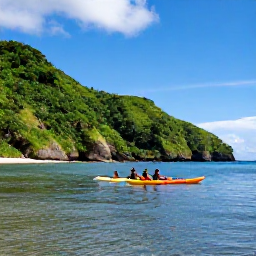 Caribbean Holidays, Trinidad Adventure, Kayakers exploring calm coastal water beside Tobago, with green hills, bright skies and a sandy beach
