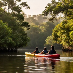 Caribbean Holidays, Trinidad Adventure, Kayakers exploring calm mangrove waterways in Trinidad, surrounded by lush tropical forest and warm morning light