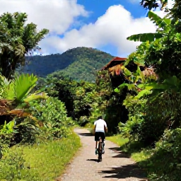 Caribbean Holidays, Trinidad Adventure, Mountain biker riding a scenic trail through tropical vegetation in Trinidad, with distant hills and blue sky