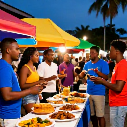 Caribbean Holidays, Trinidad Adventure, Travellers enjoying a colourful evening street food market with Caribbean music and local dishes in Trinidad