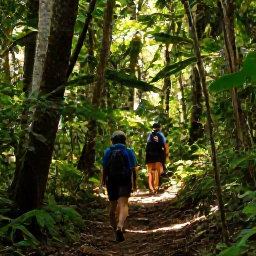 Caribbean Holidays, Trinidad Adventure, Travellers hiking through tropical rainforest on a shaded trail in Trinidad, with tall trees and filtered sunlight