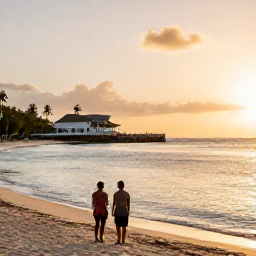 Caribbean Holidays, Trinidad All Inclusive, A couple watching the sunset from a Tobago beach beside a relaxed all-inclusive resort, with warm golden light over the Caribbean Sea
