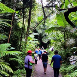 Caribbean Holidays, Trinidad All Inclusive, A guided rainforest walk in Tobago with lush tropical foliage, a small waterfall and travellers exploring the Main Ridge Forest Reserve