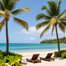Caribbean Holidays, Trinidad All Inclusive, A relaxed Caribbean resort beside a palm-fringed beach in Trinidad, with clear blue sea, sun loungers and tropical greenery