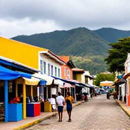 Caribbean Holidays, Trinidad All Inclusive, Colourful Port of Spain street scene in Trinidad with market stalls, historic buildings, local shoppers and tropical mountains in the distance