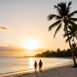 Caribbean Holidays, Trinidad All Inclusive, Golden Trinidad beach at sunset with calm Caribbean water, palm trees, a couple walking along the shore and warm evening light