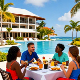 Caribbean Holidays, Trinidad All Inclusive, Guests enjoying a colourful Caribbean buffet and outdoor dining beside a tropical hotel pool in Tobago