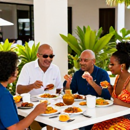 Caribbean Holidays, Trinidad All Inclusive, Guests enjoying an outdoor breakfast at a stylish Trinidad resort, with tropical plants, colourful local dishes and relaxed Caribbean atmosphere