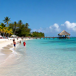Caribbean Holidays, Trinidad All Inclusive, Pigeon Point beach in Tobago with clear shallow water, a thatched jetty, palm trees and visitors enjoying the coastline