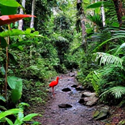 Caribbean Holidays, Trinidad and Tobago, A lush rainforest trail in Tobago with a scarlet ibis and tropical foliage beside a clear mountain stream