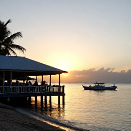 Caribbean Holidays, Trinidad and Tobago, A relaxed Tobago waterfront at sunset with a small restaurant, local dishes and boats resting on calm Caribbean water