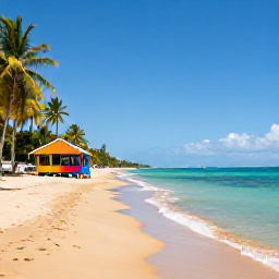 Caribbean Holidays, Trinidad and Tobago, Golden sandy Pigeon Point beach in Tobago with clear turquoise water, palm trees and a colourful watersports hut