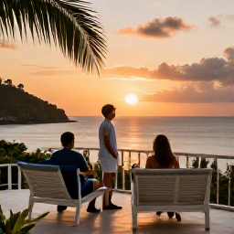 Caribbean Holidays, Trinidad April Holidays, Couple enjoying sunset from a stylish Caribbean resort terrace in Trinidad and Tobago