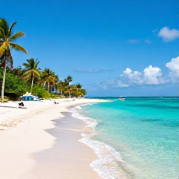 Caribbean Holidays, Trinidad April Holidays, Golden Caribbean beach in Tobago with clear turquoise water, palm trees and a small boat near the shore