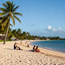 Caribbean Holidays, Trinidad April Holidays, Golden sandy beach with palm trees, calm turquoise water and guests relaxing at a Trinidad and Tobago resort