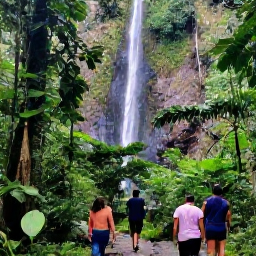 Caribbean Holidays, Trinidad April Holidays, Visitors walking through lush tropical rainforest near a waterfall in Tobago