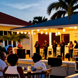 Caribbean Holidays, Trinidad April Holidays, Warm evening in Port of Spain with live music, outdoor dining and relaxed holiday visitors
