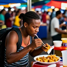 Caribbean Holidays, Trinidad Backpacking, Backpacker eating local Trinidadian street food at a busy evening market in Port of Spain