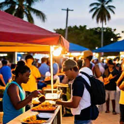 Caribbean Holidays, Trinidad Backpacking, Backpacker enjoying local street food at a colourful evening market in Trinidad, with musicians and warm tropical light