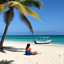 Caribbean Holidays, Trinidad Backpacking, Backpacker relaxing on a quiet beach in Tobago, with turquoise sea, palm trees and a simple local fishing boat