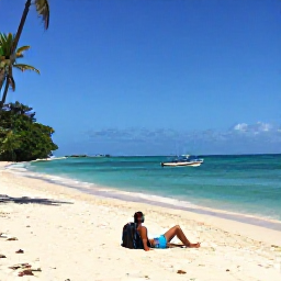 Caribbean Holidays, Trinidad Backpacking, Backpacker relaxing on a quiet sandy beach in Tobago with turquoise sea, palm trees and fishing boats