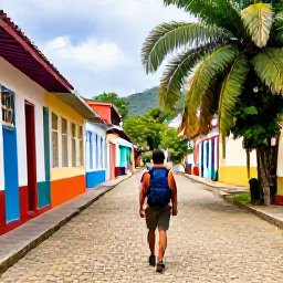 Caribbean Holidays, Trinidad Backpacking, Backpacker walking along a colourful street in Port of Spain, Trinidad, with tropical greenery and lively local shops